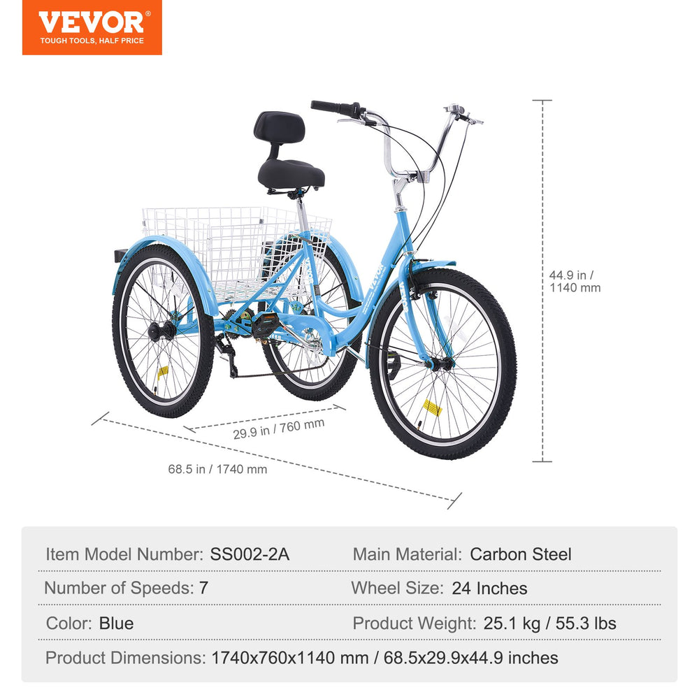 Vevor Adult Tricycle 24" 7-Speed Carbon Steel Cruiser with Backrest Seat Cushion and Basket New