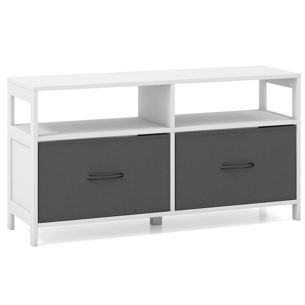 White fabric chest of drawers featuring 2 foldable drawers and 2 open shelves, ideal for storage in any room.