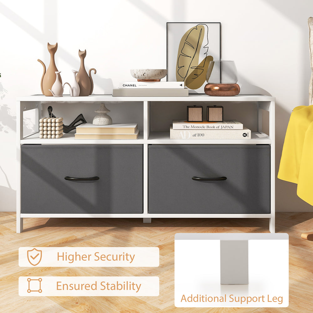 Fabric chest of drawers in white with 2 fabric drawers and 2 open shelves, ideal for living rooms or bedrooms.