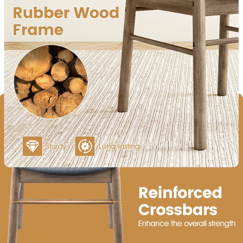Armless dining chair set of 2 with rubber wood frame, cushioned seat, and curved backrest for lumbar support.
