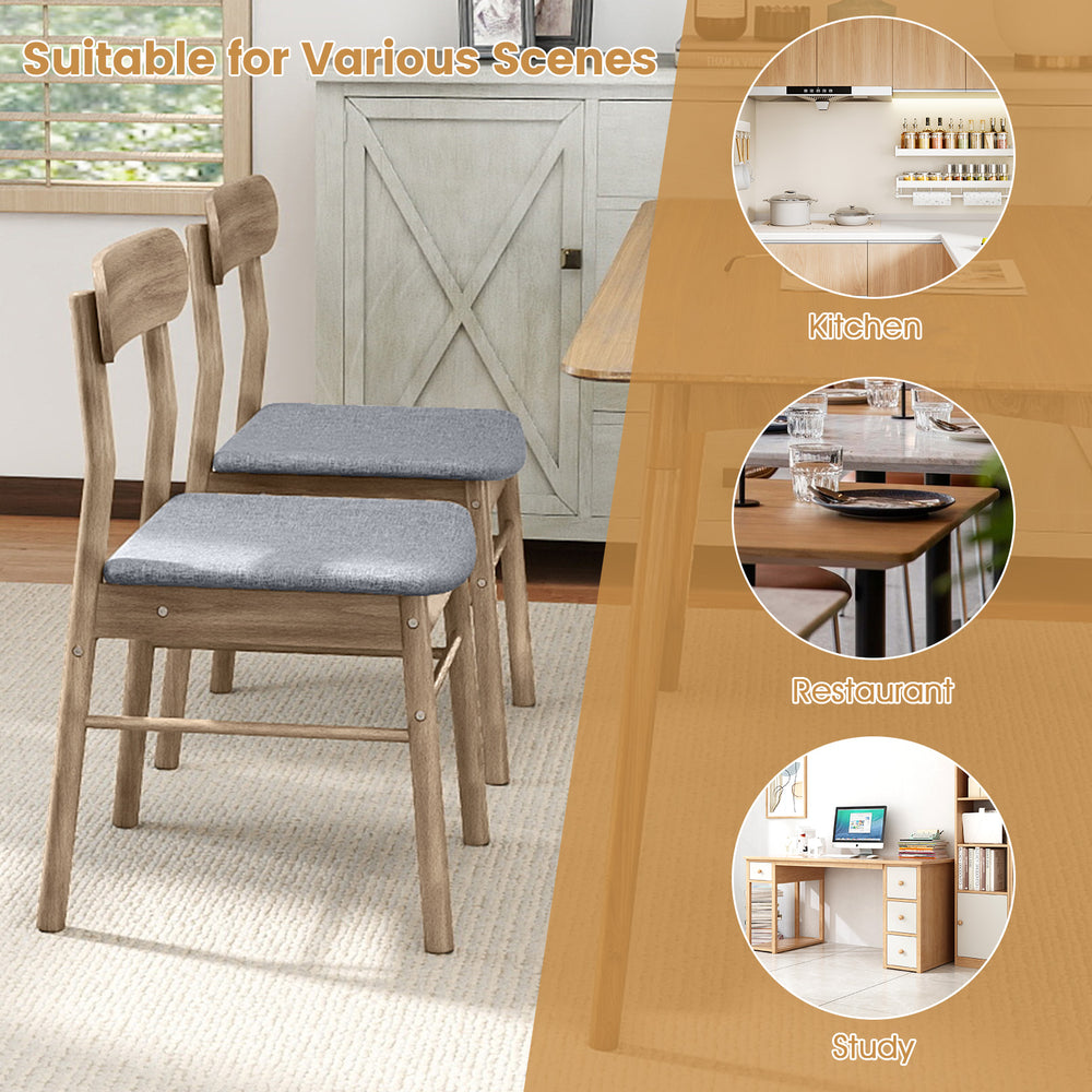 Set of 4 oak dining chairs with rubber wood frame and gray fabric upholstery, ideal for kitchen, restaurant, or study.