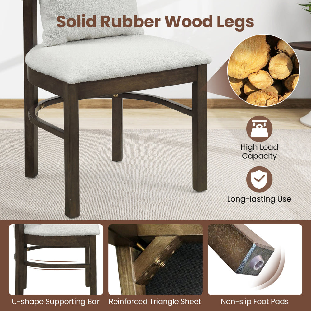 Gray fabric upholstered dining chair with solid rubber wood legs, removable pillow, and non-slip foot pads for comfort.