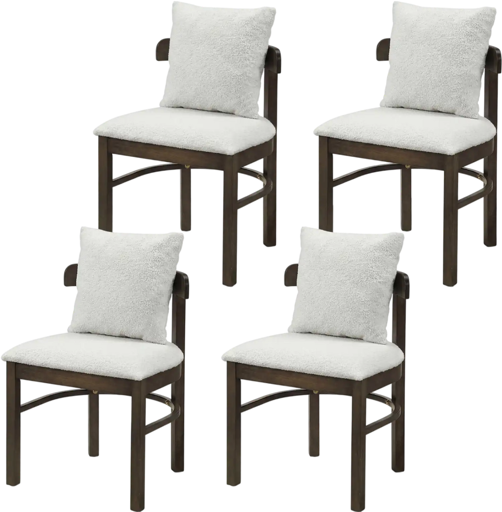 Set of 4 gray fabric upholstered dining chairs with removable pillows and solid rubber wood legs for durable comfort.
