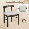 Gray fabric upholstered dining chair with removable pillow, solid rubber wood legs, and product dimensions for comfort.