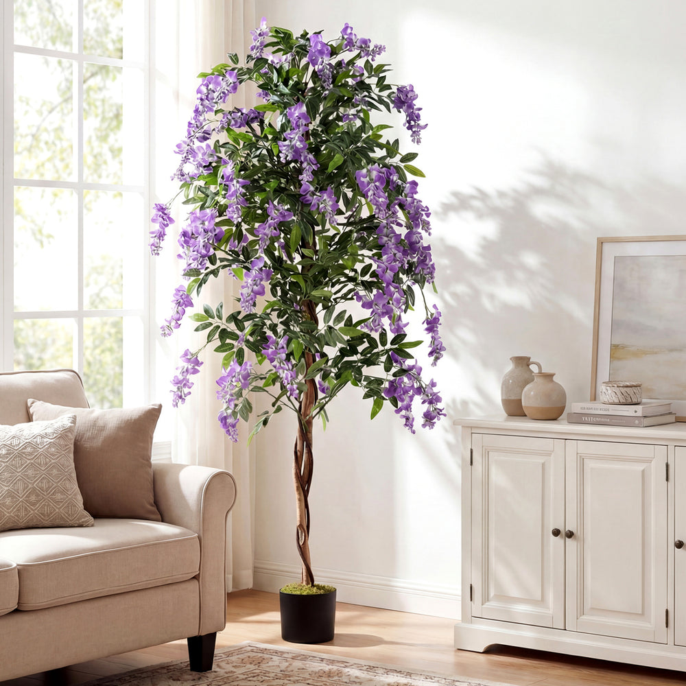 6 FT artificial wisteria tree with purple flowers and natural trunks, perfect for home or office decor year-round.