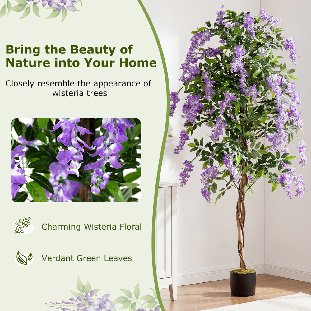 Realistic 6 FT artificial wisteria tree featuring vibrant purple blooms and lush green leaves, ideal for any decor.
