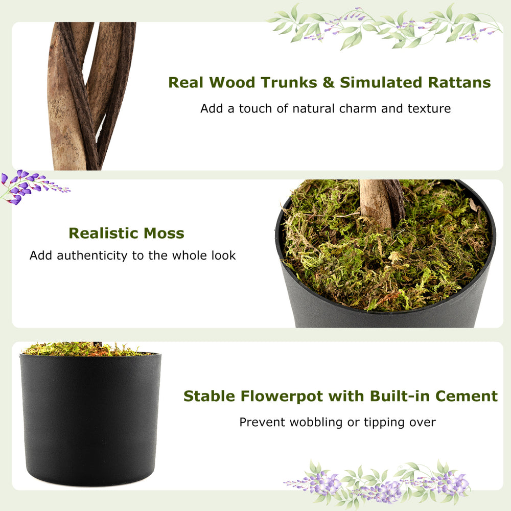 Lifelike 6 FT artificial wisteria tree with purple flowers, natural wood trunks, and stable cement-filled flowerpot.