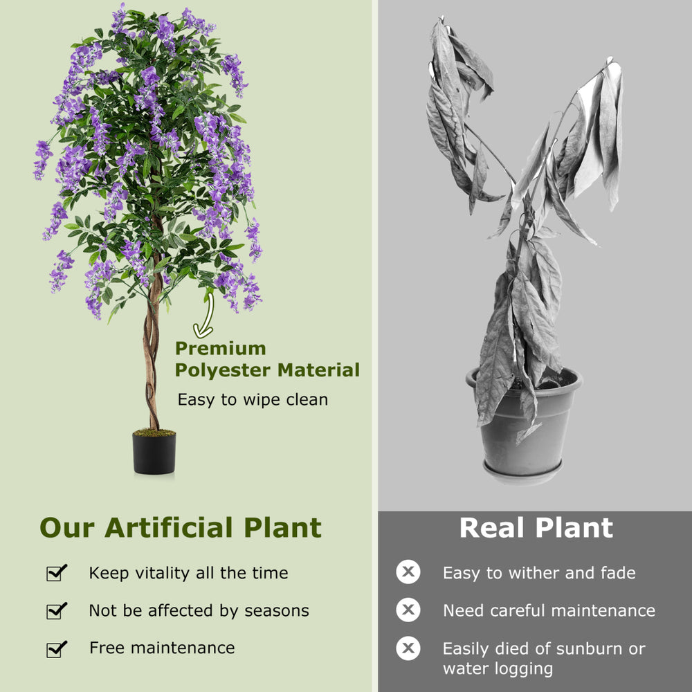 6 FT artificial Wisteria tree with purple flowers, natural trunks, and premium polyester for year-round home decor.