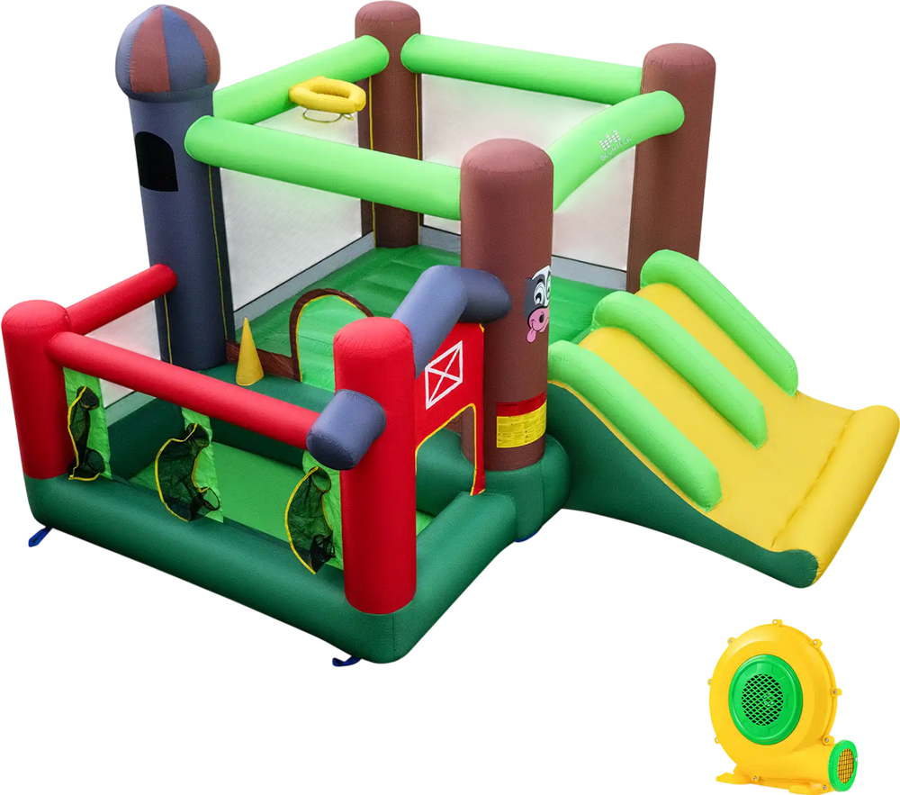 Kids Castle Slide Bouncer 6-in-1 Inflatable Castle with Trampoline and 680W Blower