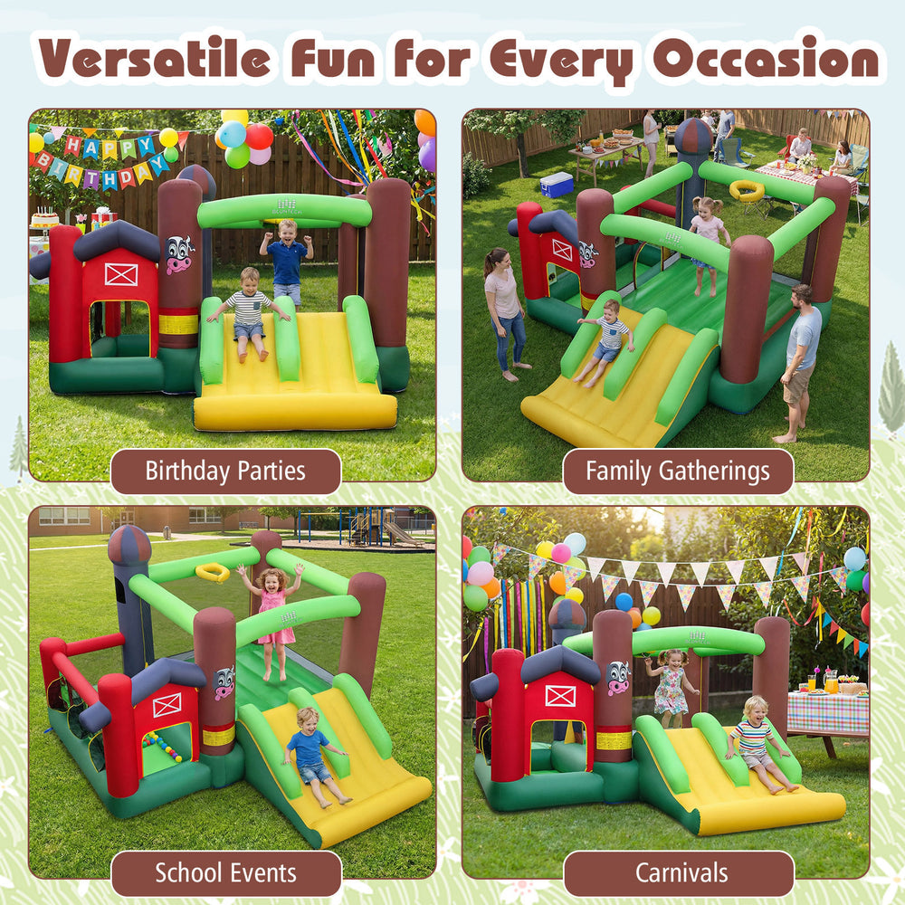 Kids Castle Slide Bouncer 6-in-1 inflatable with dual slides, trampoline, and games for birthday parties and gatherings.