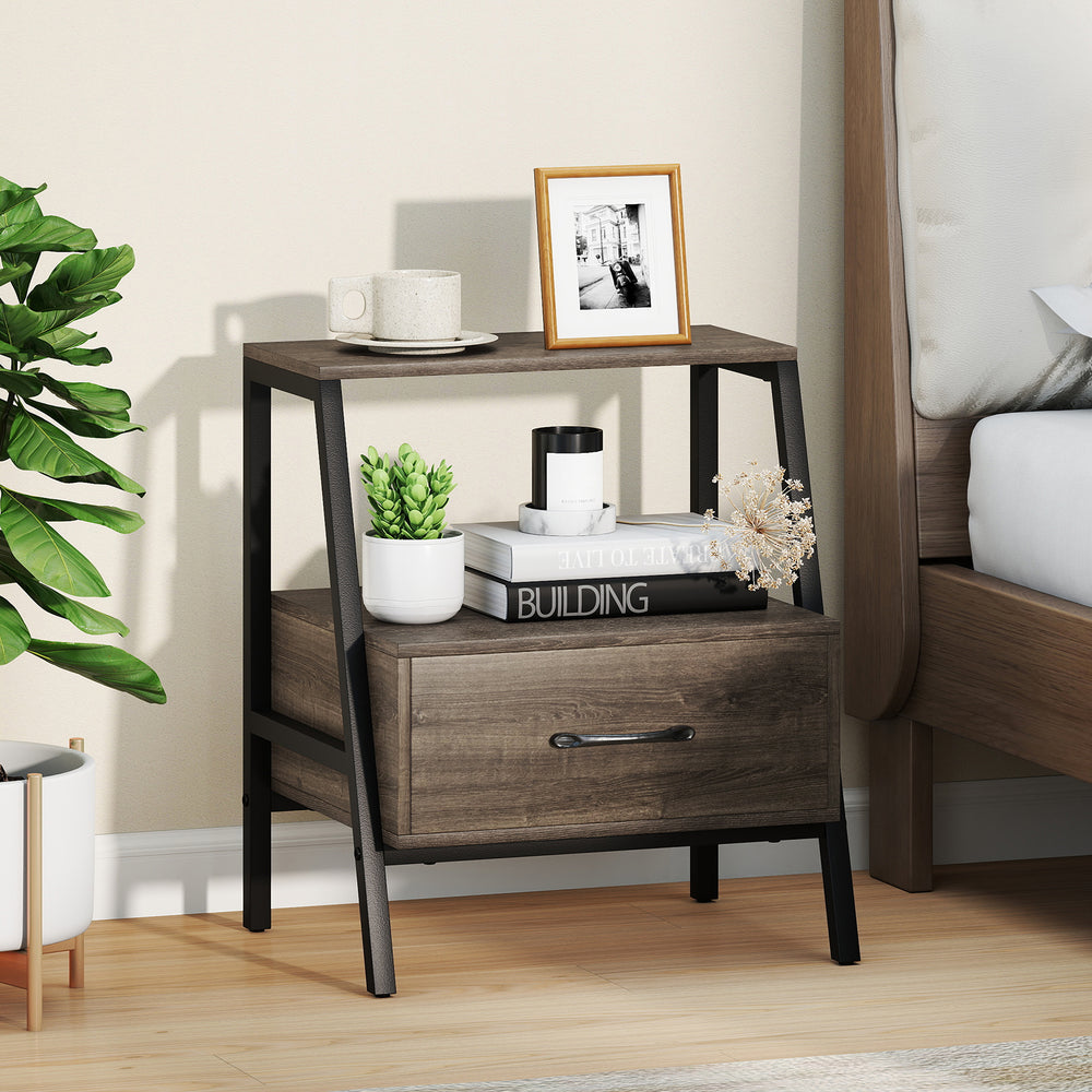 Farmhouse nightstand with open shelf and sturdy drawer, showcasing a sleek design ideal for bedroom or office decor.