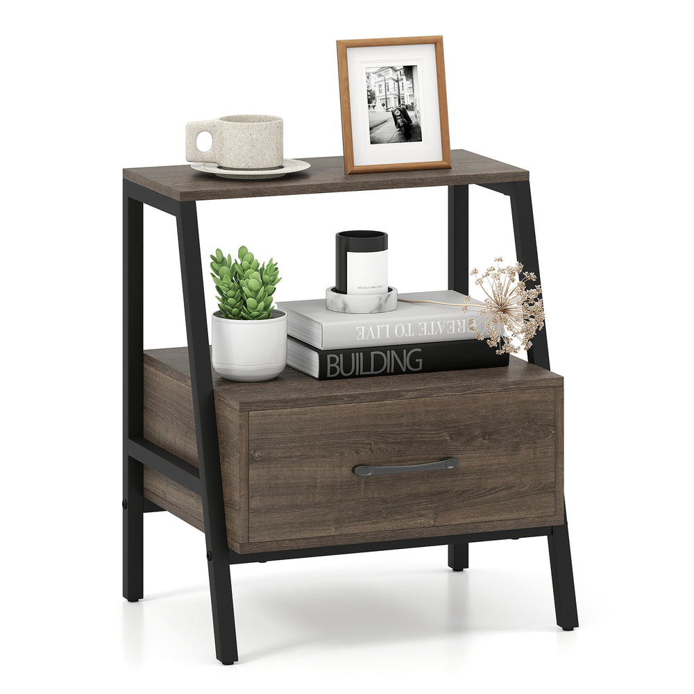 3-tier farmhouse nightstand with open shelf and drawer, featuring a sturdy metal frame for versatile home use.