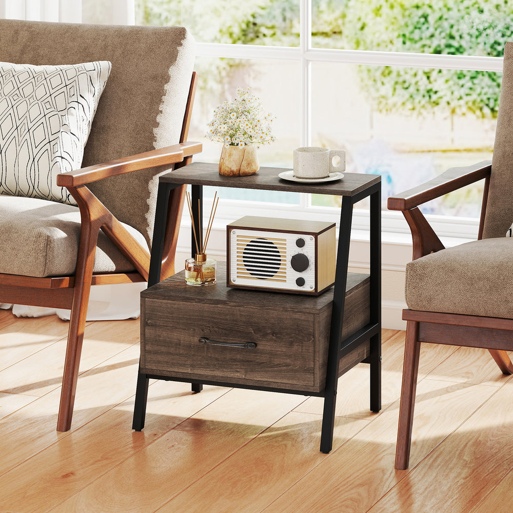 3-tier farmhouse nightstand with open shelf and drawer, featuring a sturdy metal frame for living room or bedroom use.