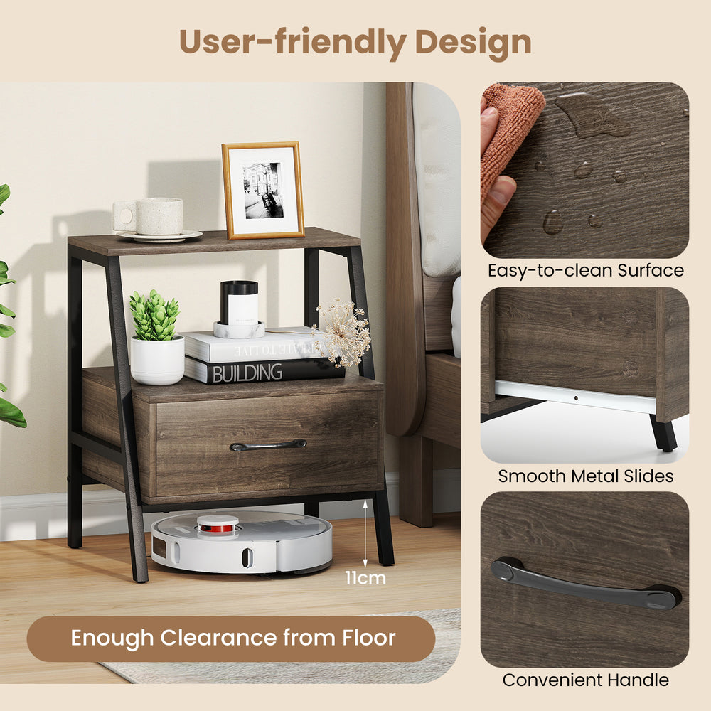 3-tier farmhouse nightstand with open shelf, convenient drawer, and easy-to-clean surface for versatile home use.