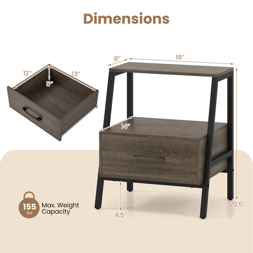 3-tier farmhouse nightstand with open shelf, sturdy metal frame, and convenient drawer for bedroom or living room use.