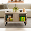 Natural wooden coffee table with storage, featuring three cabinet doors and a wide tabletop for versatile use in living.