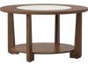Round coffee table with a 2-tone tabletop and open storage shelf, featuring solid rubber wood legs for living room use.