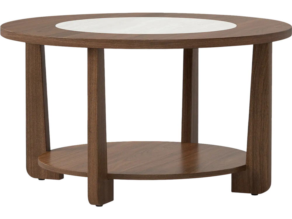 Round coffee table with a 2-tone tabletop and open storage shelf, featuring solid rubber wood legs for living room use.