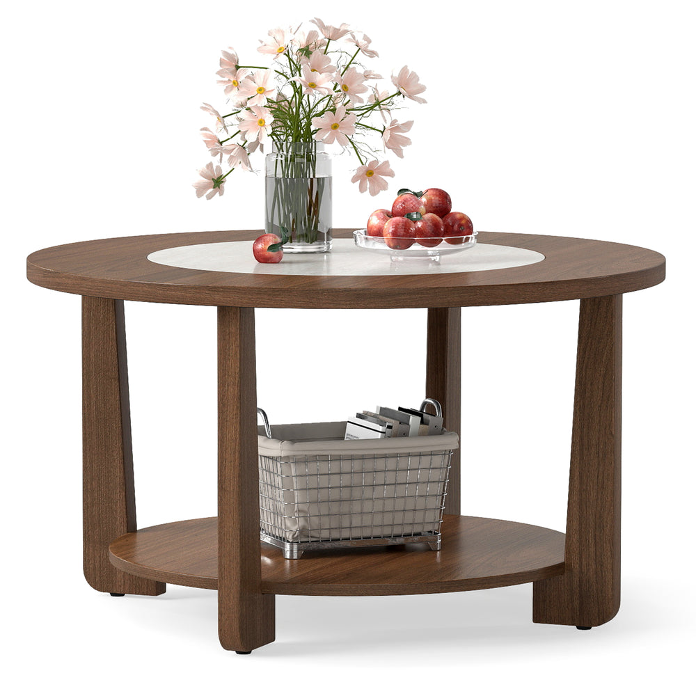 Round coffee table with 2-tone finish, open storage shelf, and solid rubber wood legs for living room use.