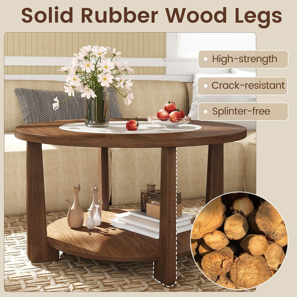 Round farmhouse accent coffee table with 2-tone tabletop and open storage shelf, featuring solid rubber wood legs.