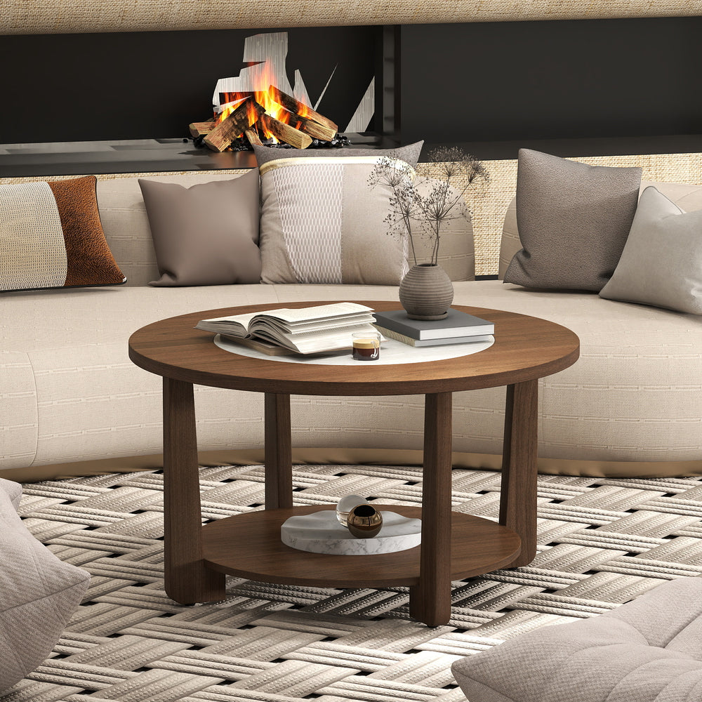 Round coffee table with a 2-tone finish and open storage shelf, perfect for living room decor and organization.