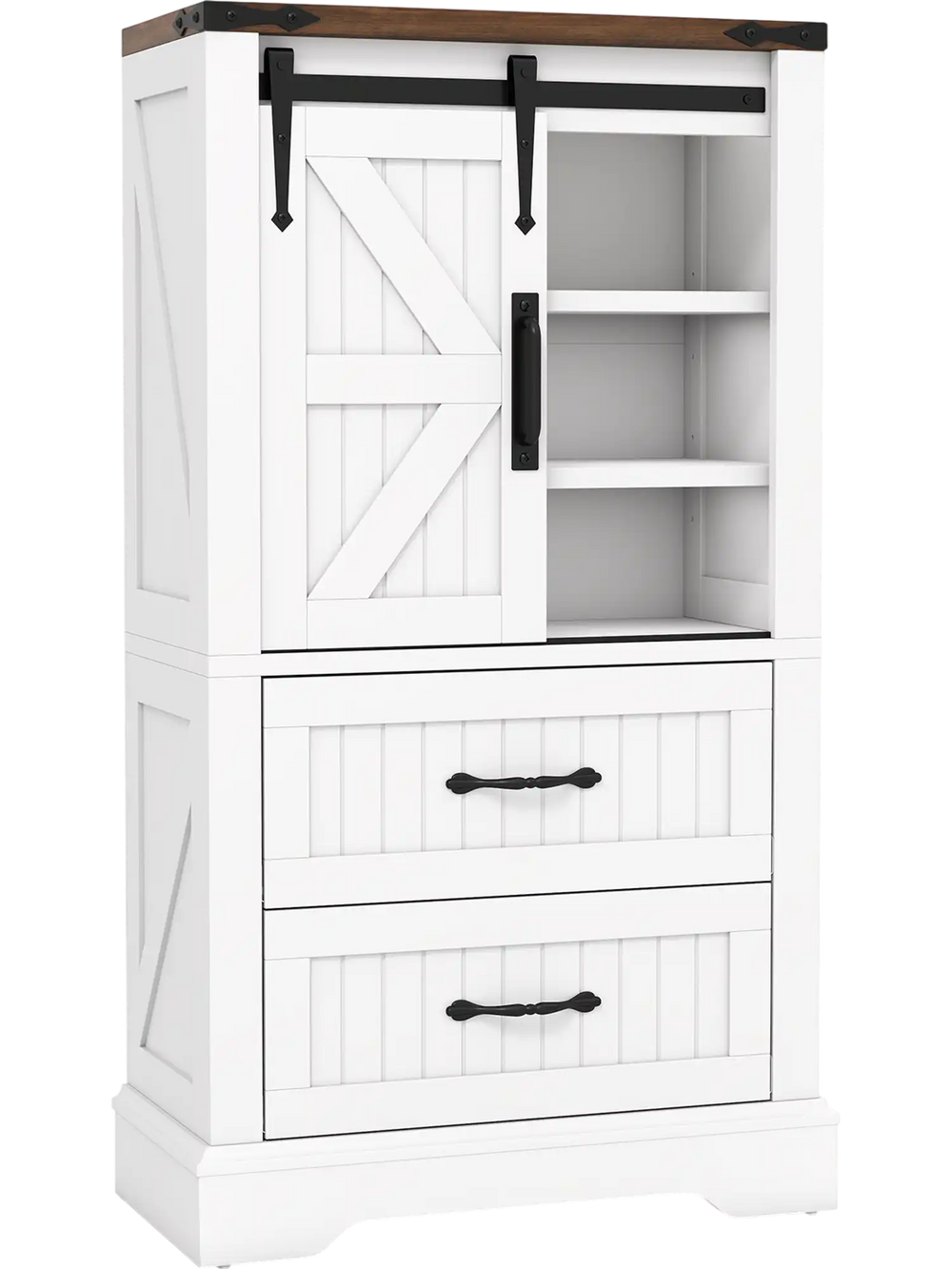 Freestanding white farmhouse bathroom cabinet with sliding barn door, adjustable shelves, and two large drawers for.