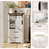Freestanding white farmhouse bathroom cabinet with sliding barn door, adjustable shelves, and large drawers for.