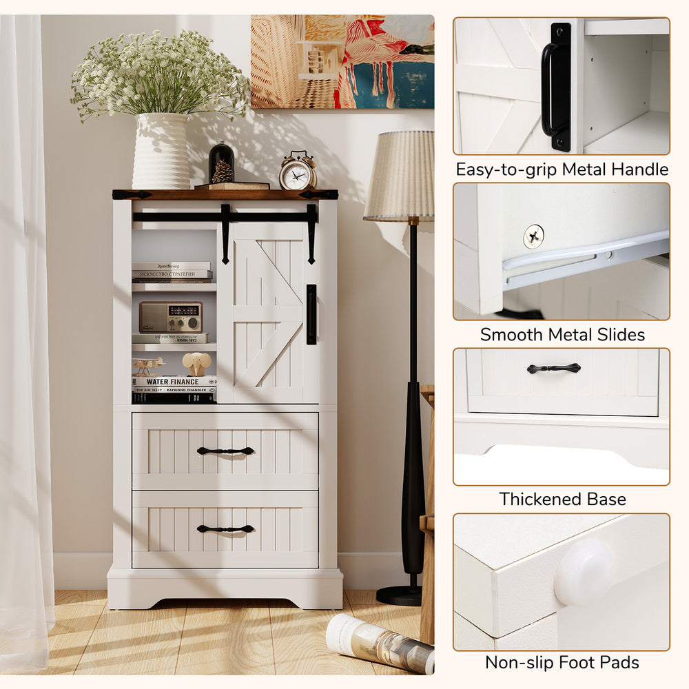 Freestanding white farmhouse bathroom cabinet with sliding barn door, adjustable shelves, and large drawers for.