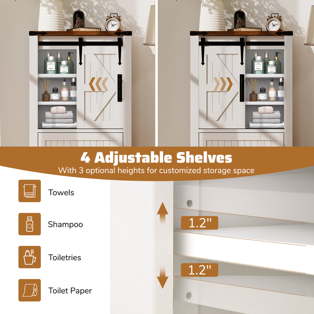 Freestanding white farmhouse bathroom cabinet with 4 adjustable shelves and sliding barn door for versatile storage.