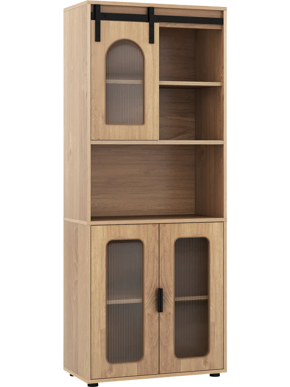 Farmhouse bathroom floor cabinet with sliding barn door, natural wood finish, featuring two cabinets and an open shelf.