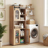 Farmhouse bathroom floor cabinet with sliding barn door, featuring 2 cabinets and an open shelf for organized storage.