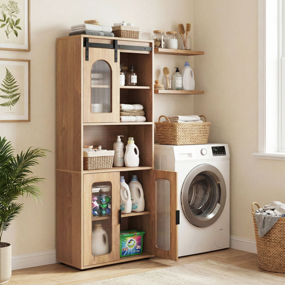 Farmhouse bathroom floor cabinet with sliding barn door, featuring 2 cabinets and an open shelf for organized storage.