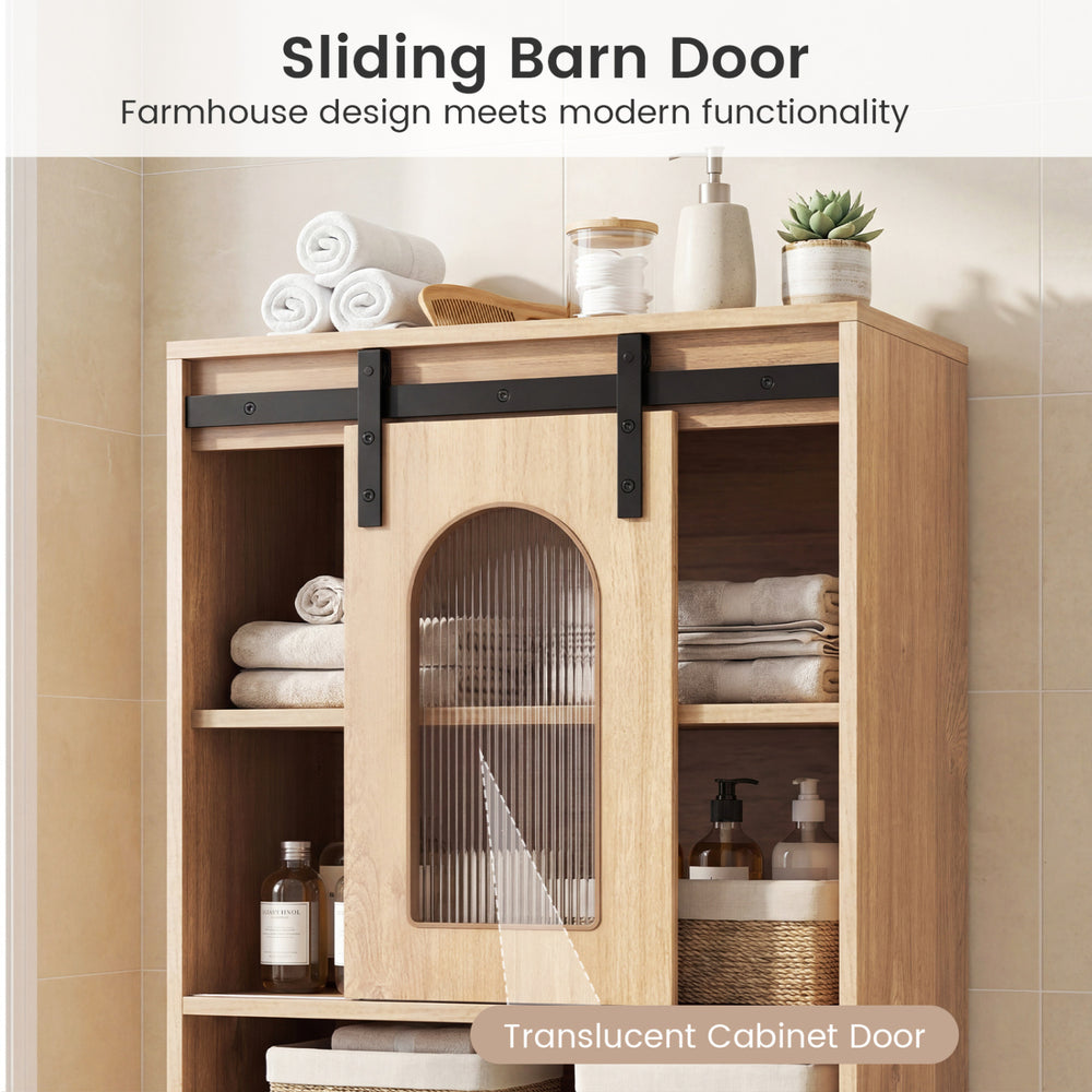 Farmhouse bathroom floor cabinet with a sliding barn door, featuring a translucent door and two cabinets for organized.