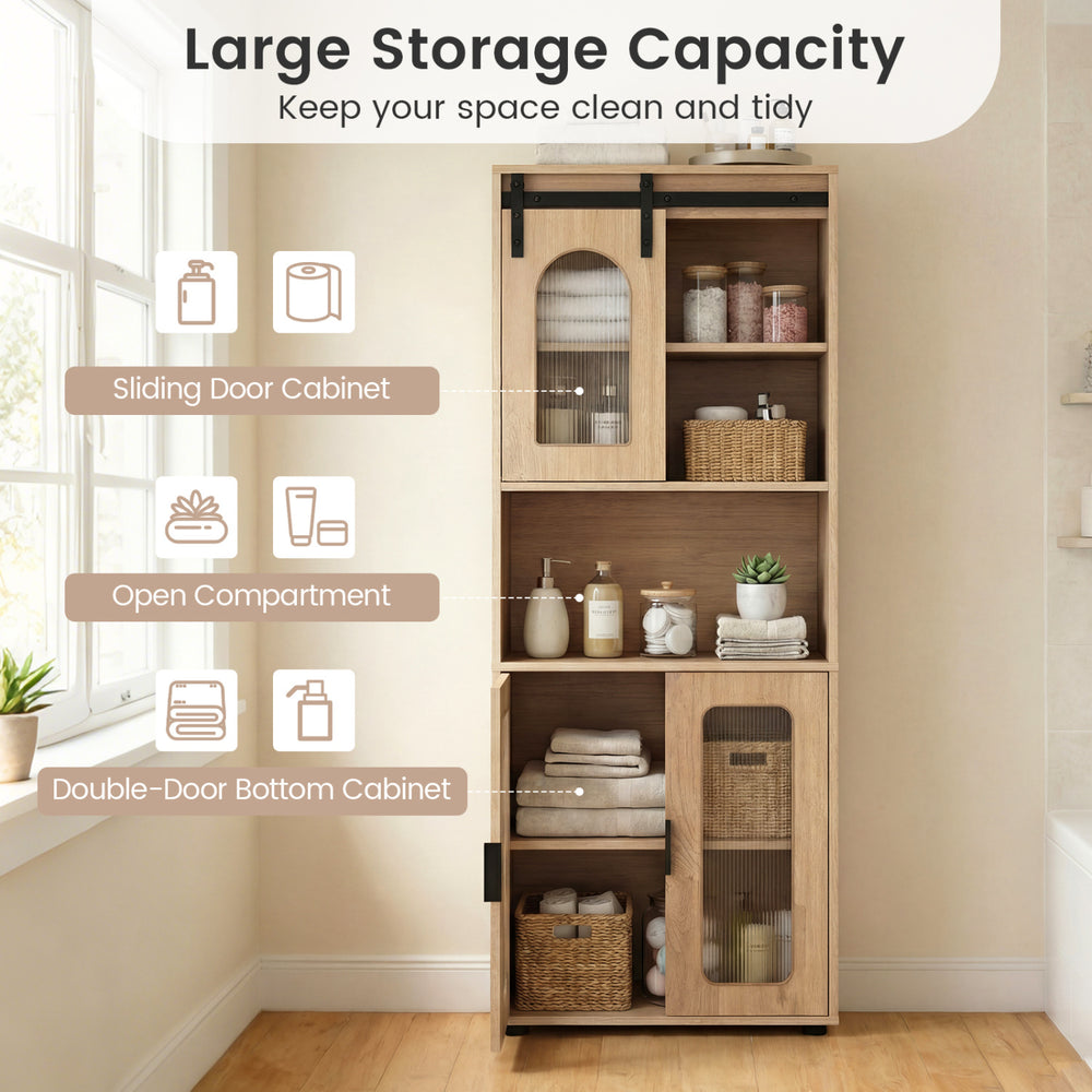 Farmhouse bathroom floor cabinet with sliding barn door, featuring open compartment and double bottom cabinet for.
