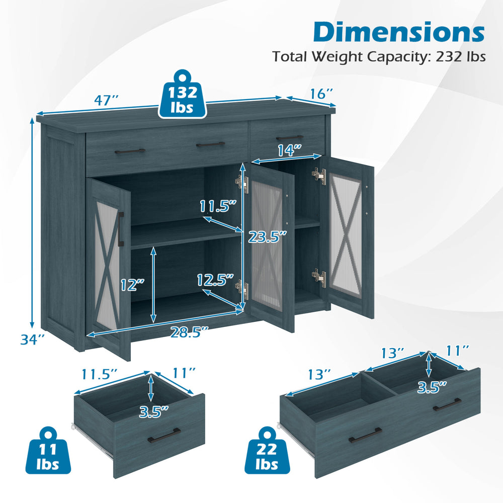 Dimensions of the turquoise Farmhouse Buffet Sideboard with 3 doors and 2 drawers for versatile kitchen storage.