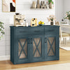 Turquoise farmhouse buffet sideboard with 3 doors and 2 drawers, featuring vintage barn doors and adjustable shelves.