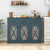 Turquoise farmhouse buffet sideboard with vintage barn doors, featuring a simple-to-clean surface for easy maintenance.
