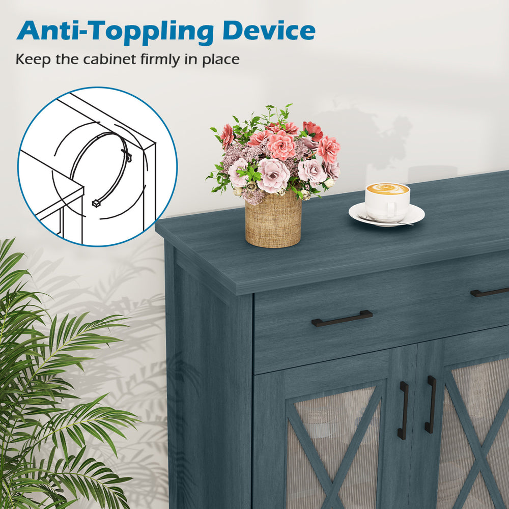Farmhouse buffet sideboard in turquoise with vintage barn doors, featuring anti-toppling device for stability.