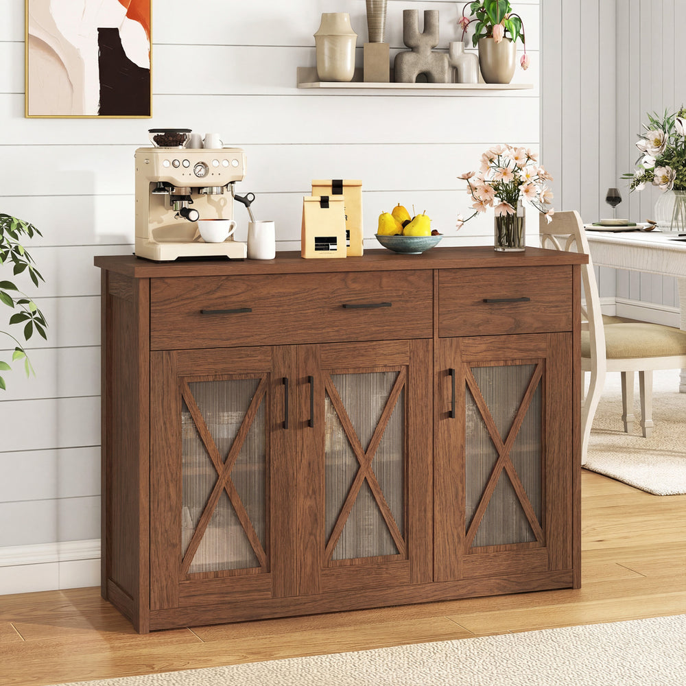 Farmhouse Buffet Sideboard 3-Door Kitchen Storage Cabinet with 2 Drawers-Brown - Gallery View 1 of 10