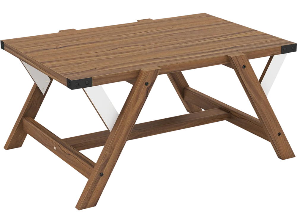 Farmhouse center table in walnut with decorative nailhead accents, featuring a spacious tabletop and anti-wobble legs.