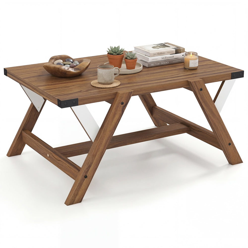 Walnut farmhouse center table with decorative nailhead accents, featuring a spacious tabletop and anti-wobble legs for.