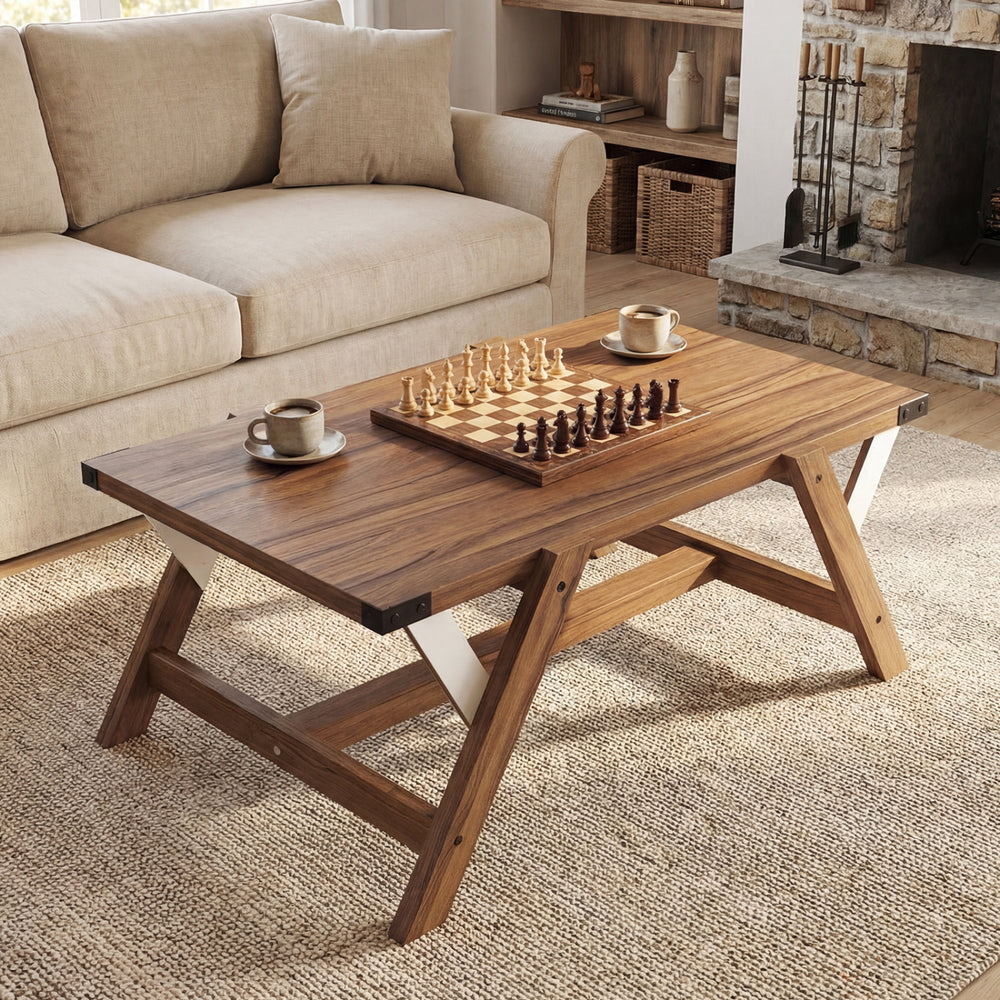 Farmhouse center table in walnut with spacious tabletop and anti-wobble legs, perfect for living room gatherings.