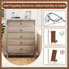 Farmhouse chest dresser with five drawers, grey finish, featuring an anti-toppling device for added stability and.