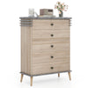 Tall farmhouse chest dresser in grey with five drawers, solid rubber wood legs, and a stylish top for versatile storage.