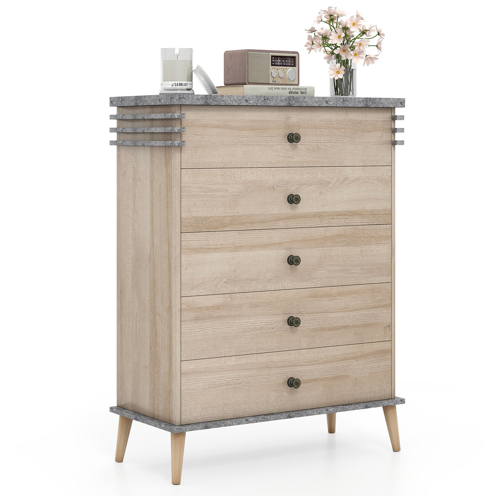 Tall farmhouse chest dresser in grey with five drawers, solid rubber wood legs, and a stylish top for versatile storage.