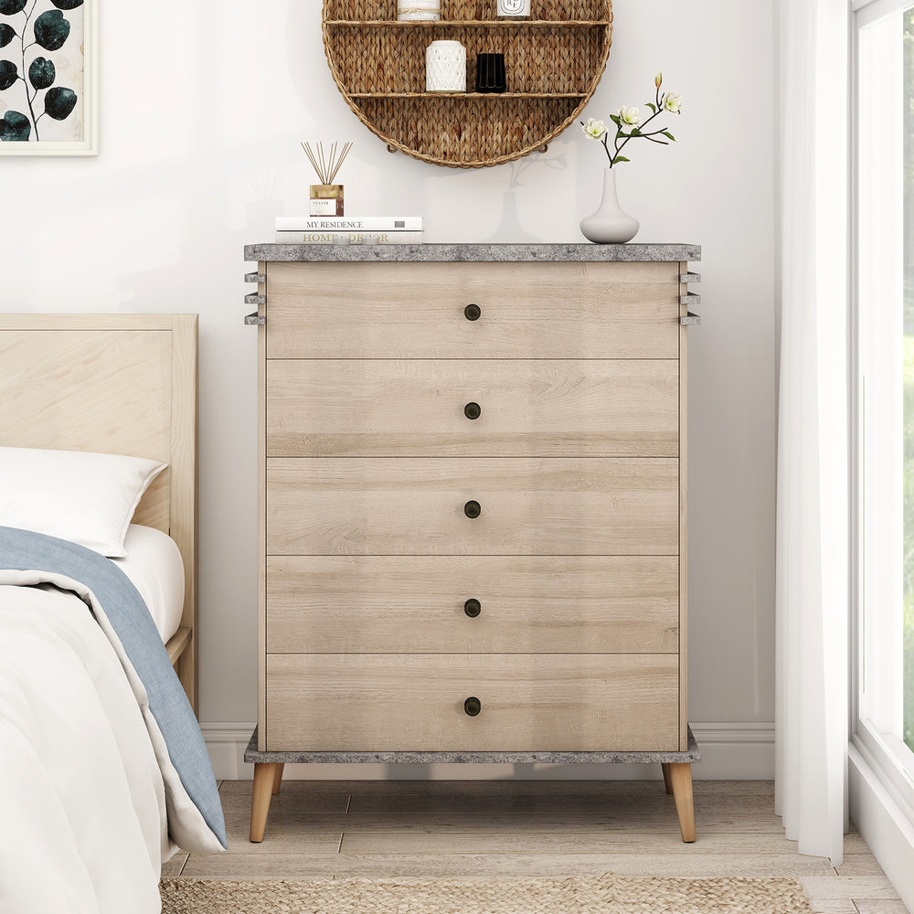 Tall farmhouse chest dresser in grey with five drawers and a solid rubber wood base, perfect for stylish storage.