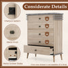 Farmhouse chest dresser with grey finish, featuring 5 drawers, metal knobs, and interlock system for added stability.