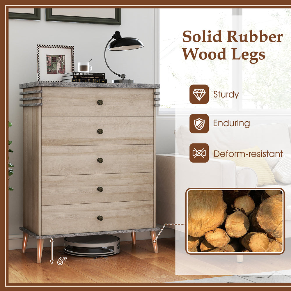 Tall farmhouse chest dresser in grey with five drawers, solid rubber wood legs, and metal knobs for stylish storage.