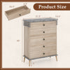 Farmhouse chest dresser with five drawers, grey finish, and solid rubber wood legs for stylish storage solutions.