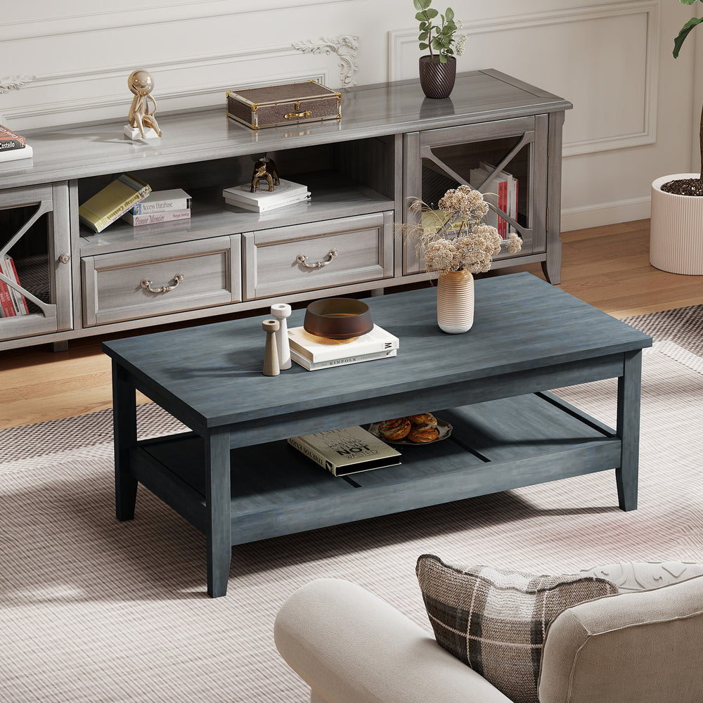 Farmhouse Coffee Table Rustic Cocktail Center Table with Thickened Tabletop-Blue - Gallery View 1 of 9